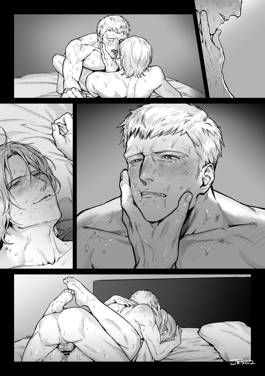 2boys anal ass bara bed blush closed_eyes cum cum_in_ass cum_on_male dante dante_(devil_may_cry) devil_may_cry devil_may_cry_(series) devil_may_cry_4 ejaculating_while_penetrated ejaculation erection french_kiss gay greyscale hand_on_another's_face highres indoors jksg2 kissing large_pectorals lying male_focus mating_press monochrome multiple_boys muscular muscular_male nero_(devil_may_cry) on_back on_bed pectorals penis saliva saliva_trail sex short_hair teeth textless_version uncle_and_nephew yaoi