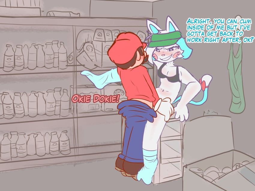 1girl1boy 1girls 2d 2d_(artwork) 4:3 against_wall anthro anthro_on_human apron background barista blue_hair blue_socks blush bow bra brown cartoony cat_ears cat_humanoid cat_tail clothing color commission eye_contact feet feline female fur furry glitch_productions gloves grabbing hair happy hat human karen_(smg4) leg_up mario mario_(series) medium_breasts messy_hair nintendo no_panties no_pants no_shirt overalls pink_nose potato_dealer sex short_hair sitting smg4 smile socks squint standing storage_room talking text vaginal_penetration white_fur white_hair