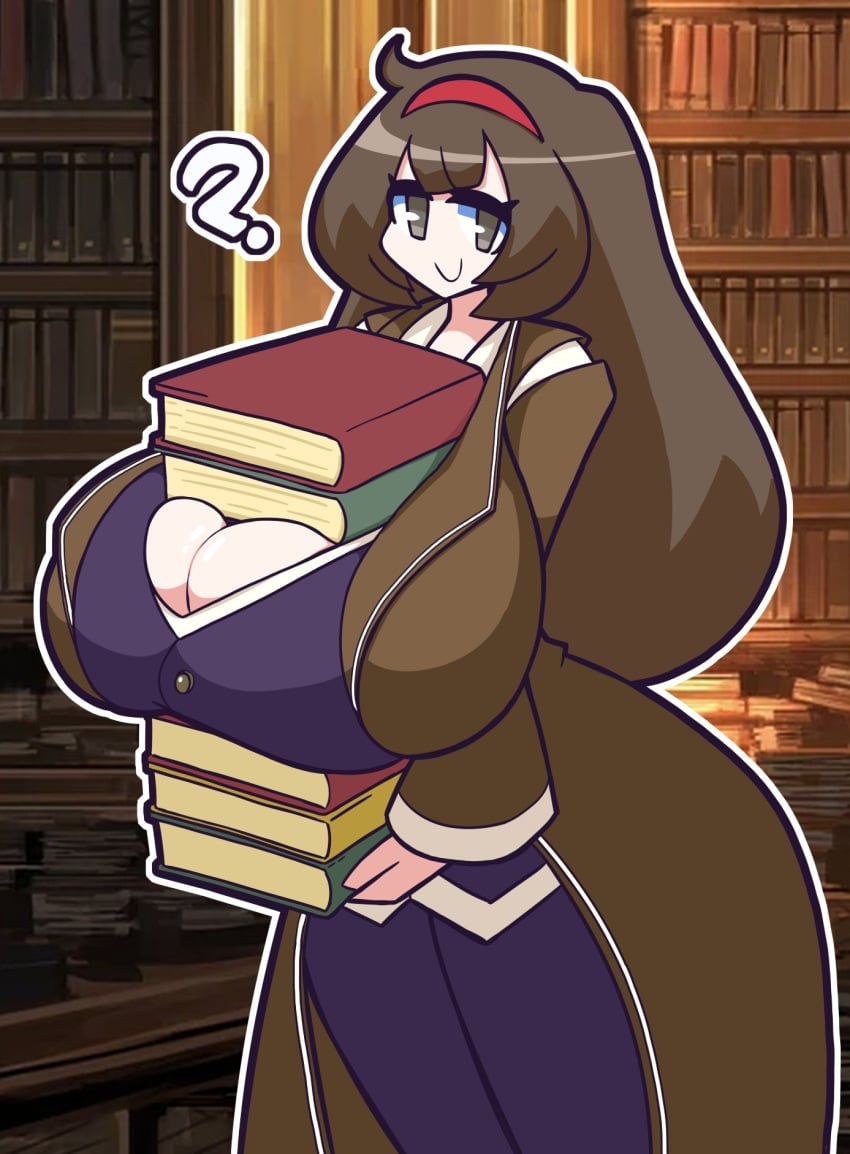 1girls ? alternate_breast_size book books brown_eyes brown_hair cleavage female gensin hairband huge_breasts library_of_ruina long_hair looking_at_viewer malkuth_(lobotomy_corporation) project_moon smile solo