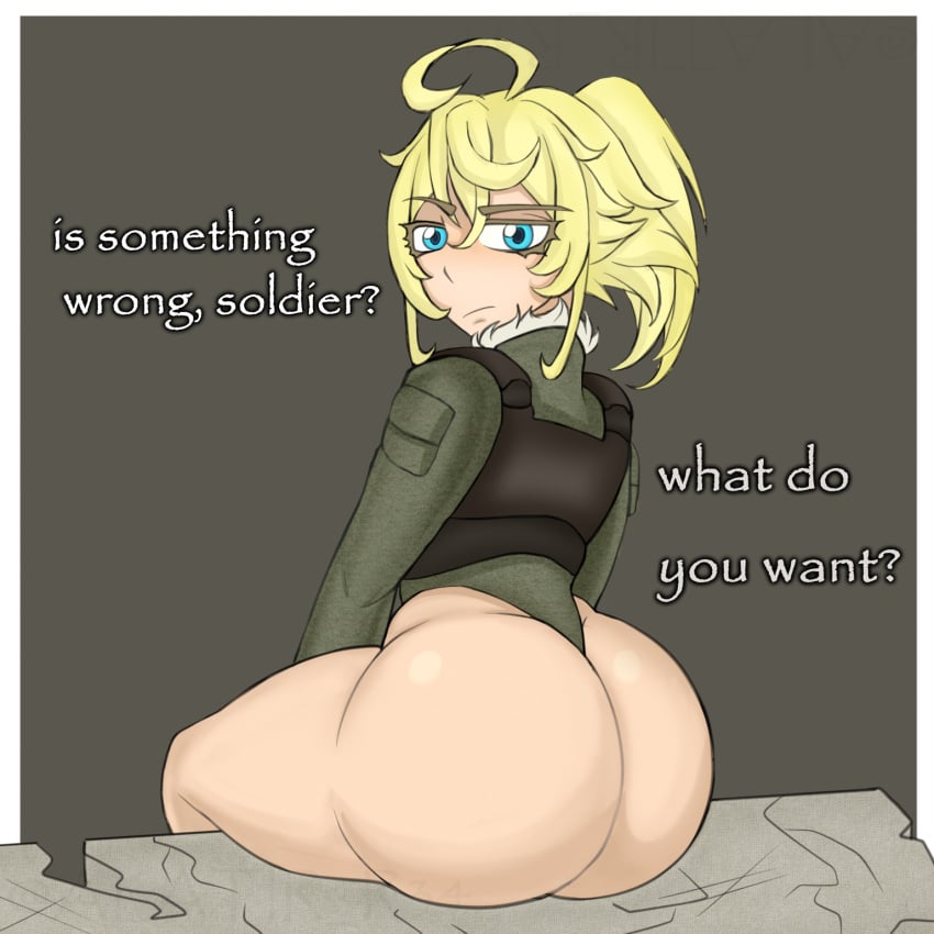 1girls alatir ass ass ass_focus big_ass big_butt blonde_hair blue_eyes plump_ass ponytail sitting suit swimsuit tagme tanya_degurechaff thick_ass thick_thighs youjo_senki