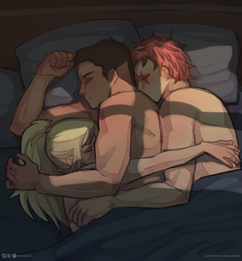 1girls 2boys aikawa aikawa_(dorohedoro) bisexual_male dorohedoro linaswalaf nikaido nikaido_(dorohedoro) risu_(dorohedoro) sleeping tender threesome