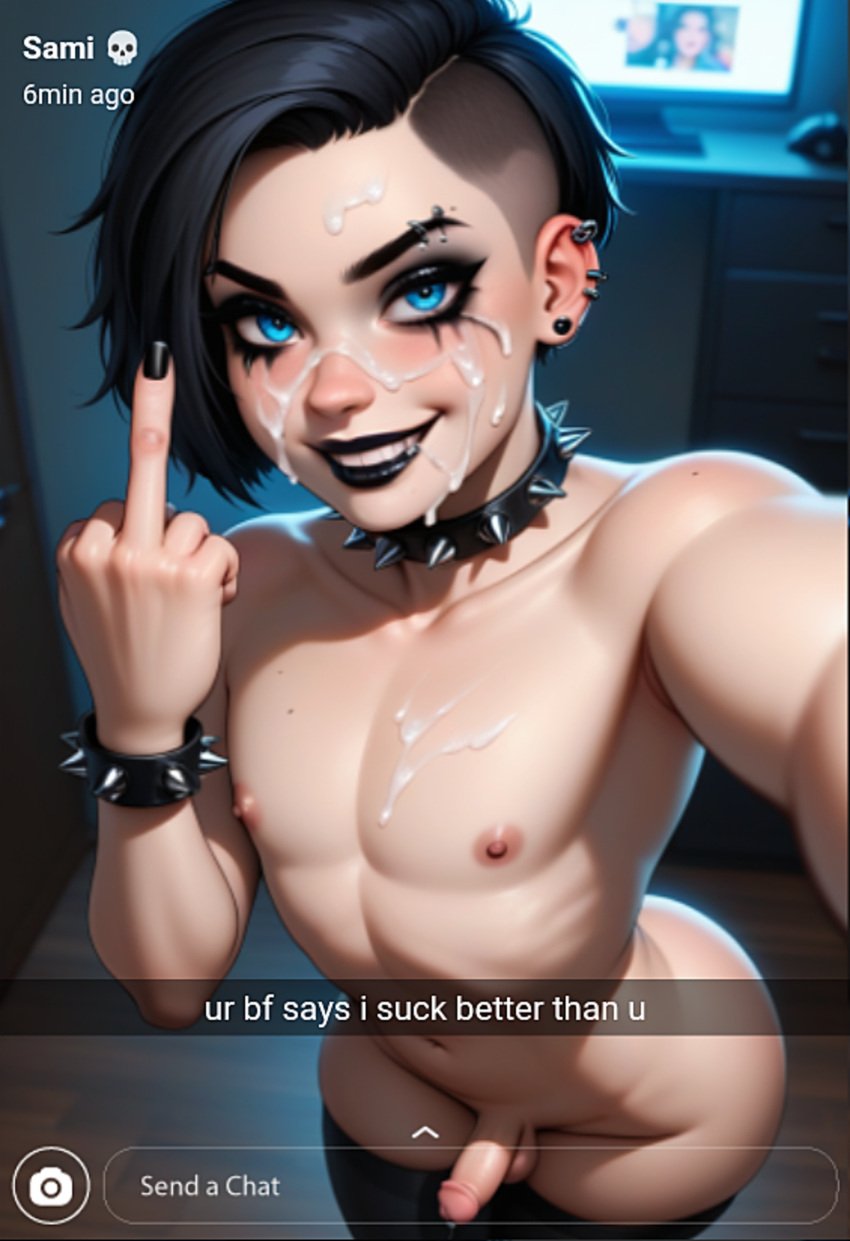 ai_generated bedroom black_hair blue_eyes cheating cum cum_on_chest cum_on_face dark_lighting ear_piercing femboy goth goth_boy goth_femboy goth_makeup gothic highres leaking_precum lpyxel makeup male middle_finger original original_character pale_skin penis piercing piercings sami_(lpyxel) self_upload selfie short_hair small_penis smirk smudged_makeup spiked_bracelet spiked_choker spiked_collar teasing text text_box thick_thighs thigh_highs thighhighs twink wide_hips