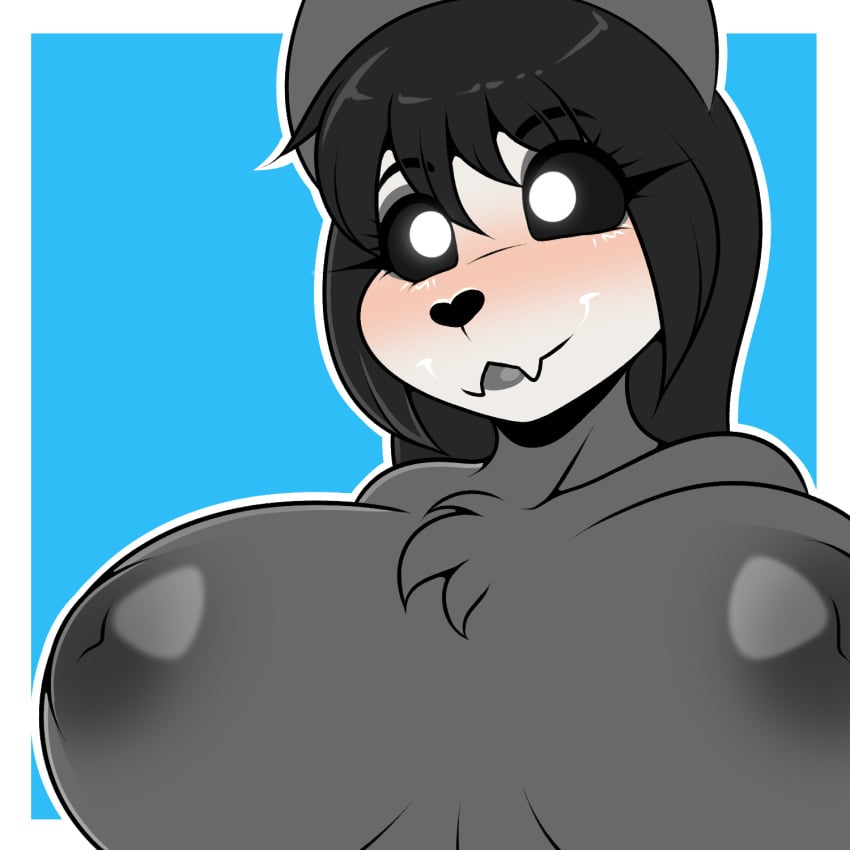 1:1 2023 anthro areola big_breasts black_hair blush bone breasts bust_portrait chest_tuft fangs female fur grey_body grey_fur hair hi_res kloudmutt nipples portrait scp-1471 scp-1471-a scp_foundation skull skull_head solo teeth tuft