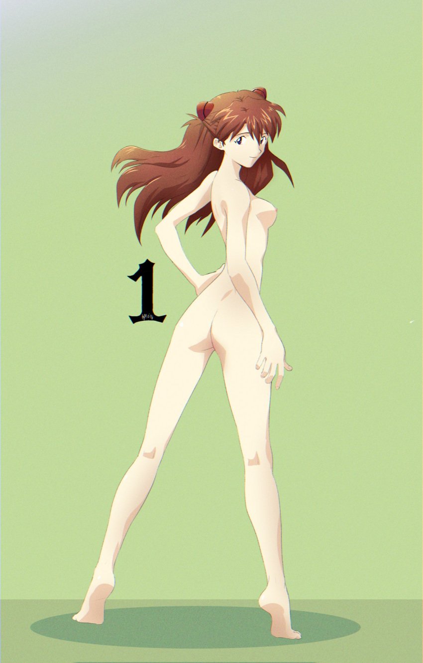 1990s_(style) amondetauro ass asuka_langley_sohryu barefoot blue_eyes breasts brown_hair completely_nude female full_body hair_ornament hand_on_own_hip highres interface_headset long_hair medium_breasts neon_genesis_evangelion nipples nude retro_artstyle shiny_skin simple_background smile solo souryuu_asuka_langley standing title very_long_hair wide_hips