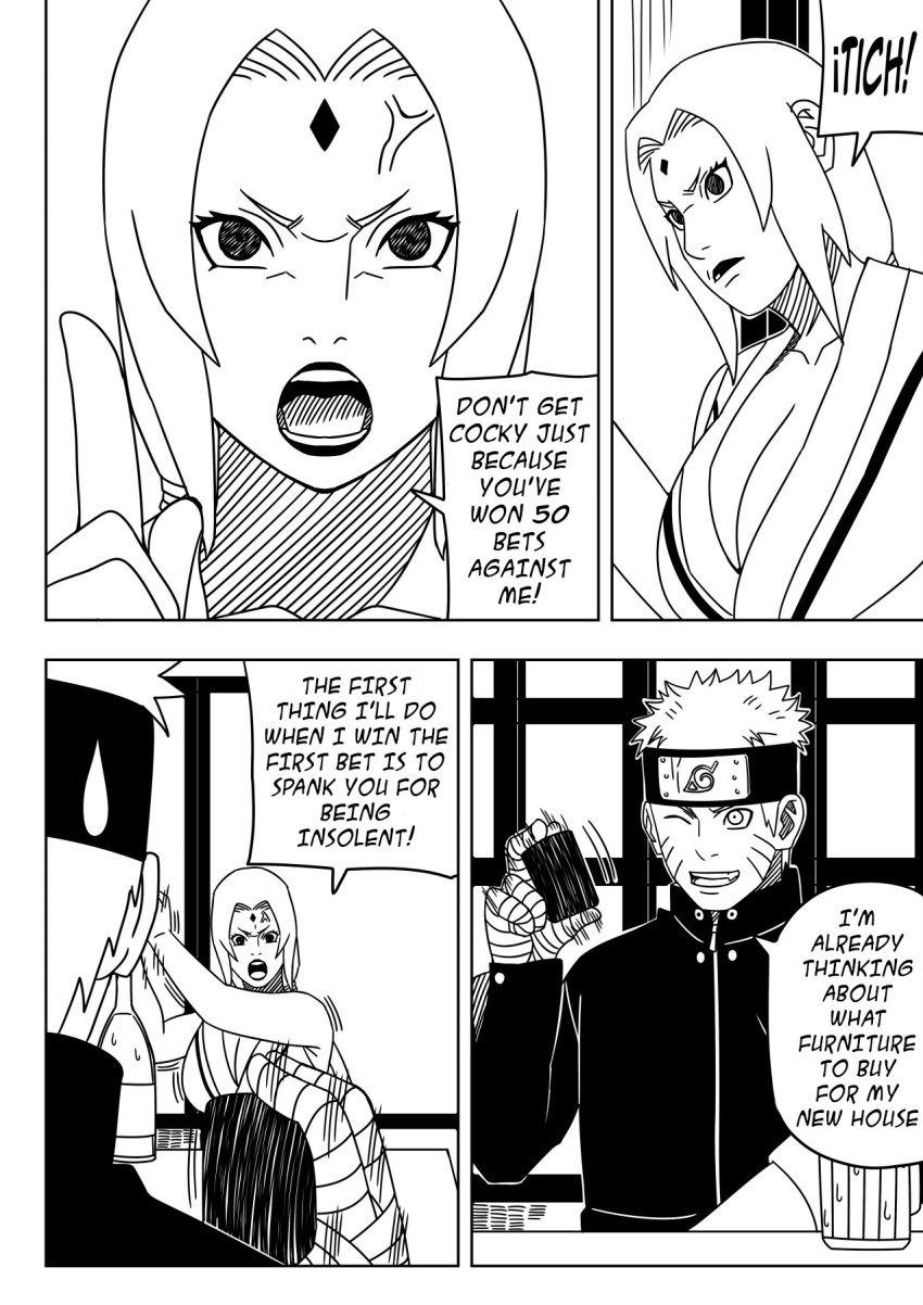 1boy 1girls anger_vein annoyed beer bet big_breasts black_and_white bottle breasts busty cleavage clenched_hand clenched_teeth comic dice english_text female huge_breasts indoors jacket kimono male male/female mature mature_female milf monochrome mug naruto naruto:_the_last naruto_(series) naruto_shippuden ninrubio oppai sake sitting speech_bubble story table text translated tsunade uzumaki_naruto voluptuous voluptuous_female