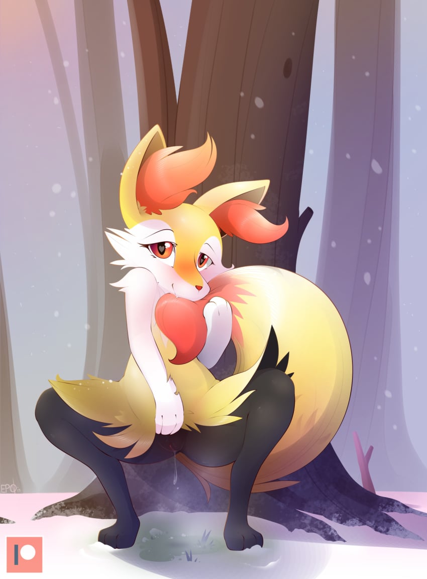 <3_eyes ambiguous_fluids anthro b-epon bite braddo braixen canine crouching dripping female floof fur heart looking_at_viewer mammal melting nintendo pokémon_(species) pokemon pokemon_(species) pussy pussy_juice snow snowing solo tail_biting video_games