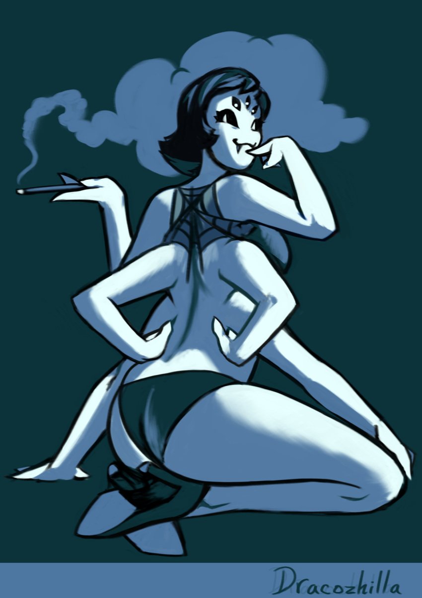 anthro arachnid arthropod ass bikini butt_focus cigar clothing dracozhilla female footwear hands_on_hips hi_res high_heels humanoid looking_at_viewer looking_back milffet muffet smoke smoking smug solo spider swimwear two-piece_swimsuit undertale undertale_(series)