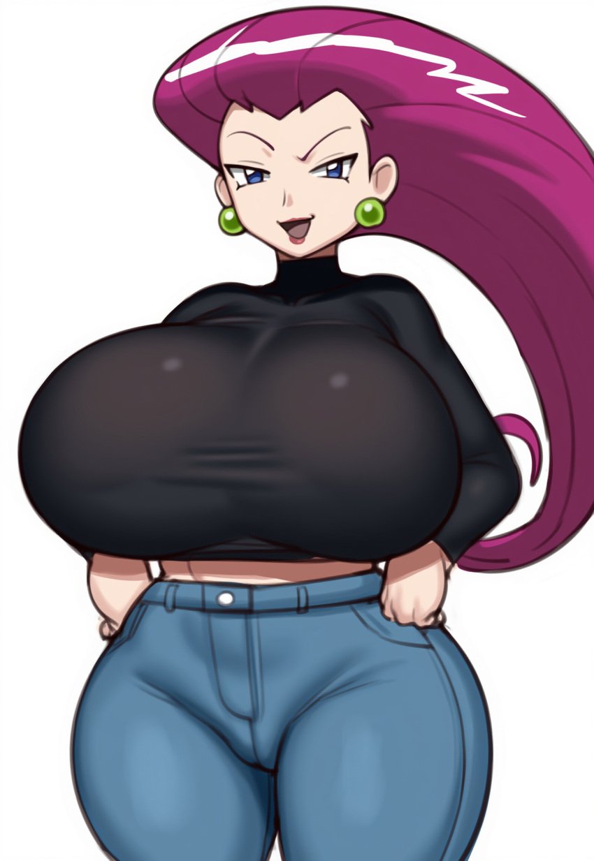 ai_generated big_breasts gigantic_ass gigantic_breasts grey_impact_(style) huge_breasts jeans jessie_(pokemon) large_breasts lubbasdump magenta_hair midriff pokemon smug team_rocket