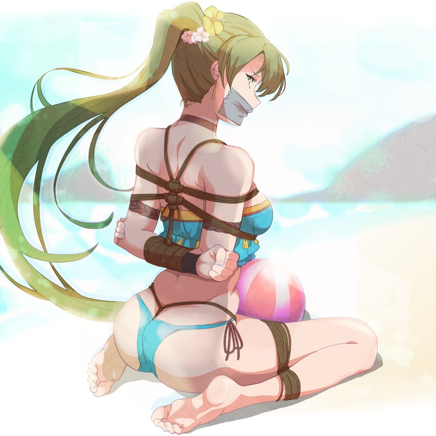 1girls absurdres alternate_costume arms_behind_back ass beach bikini blue_bikini blue_swimsuit bondage bound box_tie boxtie breasts female female_only femsub fire_emblem fire_emblem:_the_blazing_blade fire_emblem_heroes frogtie gag gagged highres improvised_gag looking_back lyn_(fire_emblem) lyn_(summer)_(fire_emblem) medium_breasts nintendo non-web_source official_alternate_costume restrained rope solo swimsuit tape tape_gag tiedtiki worried