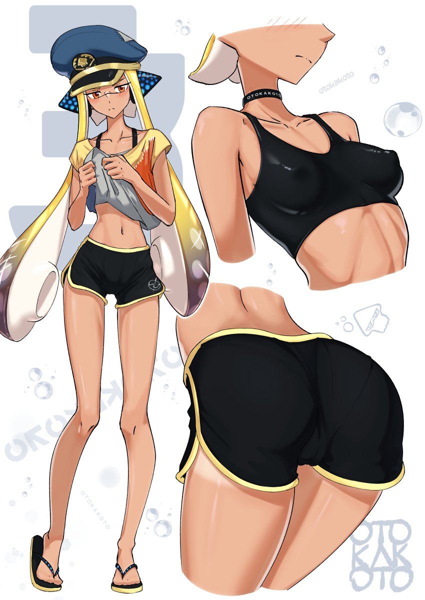 agent_3_(splatoon) agent_3_(splatoon_3) artist_name artist_signature ass_focus back_view baggy_clothing blush breasts cameltoe captain_hat dolphin_shorts feet full_body hat headgear headphones hi_res highres hips inkling inkling_girl medium_breasts multiple_views nervous nipples nipples_visible_through_clothing orange_eyes otokakoto pussy pussy_visible_through_clothes sandals scars shorts small_breasts splatoon splatoon_(series) splatoon_2 splatoon_3 sports_bra sportswear squid tan_body tan_line tan_lines tentacle_hair yellow_hair young young_woman