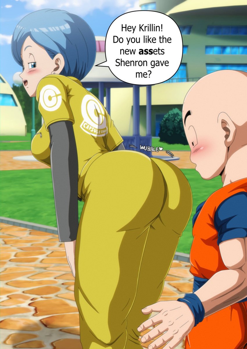 1boy 1girls ass bald big_ass big_butt big_thighs blue_eyes blue_hair blush bulma_briefs bulma_briefs_(dragon_ball_super_superhero) dragon_ball dragon_ball_super dragon_ball_super_super_hero imminent_sex inviting_to_sex krillin kuririn popblackcherry seductive seductive_look short_hair tagme tagme_(character)