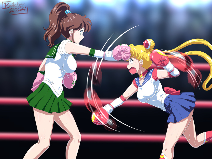 2girls bishoujo_senshi_sailor_moon boxing boxing_gloves boxing_match boxing_ring butcherstudios catfight clothing duo female female_only gloves pink_boxing_gloves pink_gloves red_boxing_gloves red_gloves sailor_jupiter sailor_moon skirt small_breasts tagme