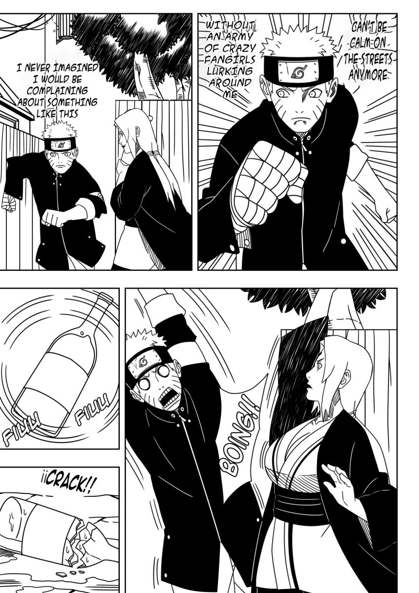 1boy 1girls accident accidental_circumstance big_breasts black_and_white bottle breasts busty cleavage clothing comic drink dropping dropping_object english_text female fully_clothed haori holding_object huge_breasts jacket kimono male male/female mature mature_female milf monochrome naruto naruto:_the_last naruto_(series) naruto_shippuden ninrubio oppai running sake sake_bottle speech_bubble story text translated tsunade uzumaki_naruto voluptuous voluptuous_female