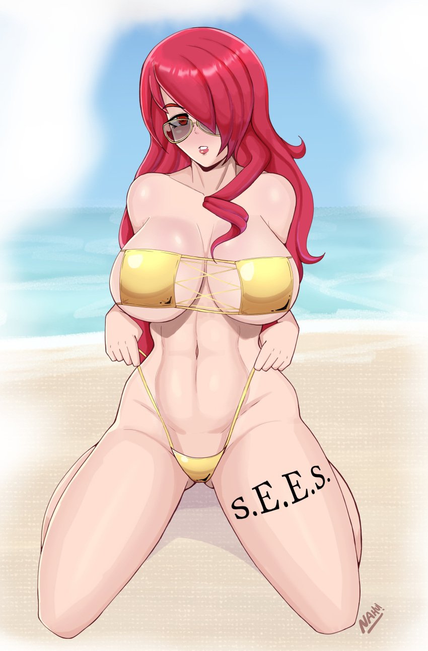 1girls atlus beach big_breasts bikini bikini_bottom bikini_top bottomwear breasts cleavage eyepatch_bikini eyewear female female_only golden_bikini hair hair_over_one_eye huge_breasts lips long_hair mitsuru_kirijo nahusmash persona persona_3 red_eyes red_hair solo solo_female sunglasses swimwear tattoo tattoo_on_leg thighs tinted_eyewear topwear