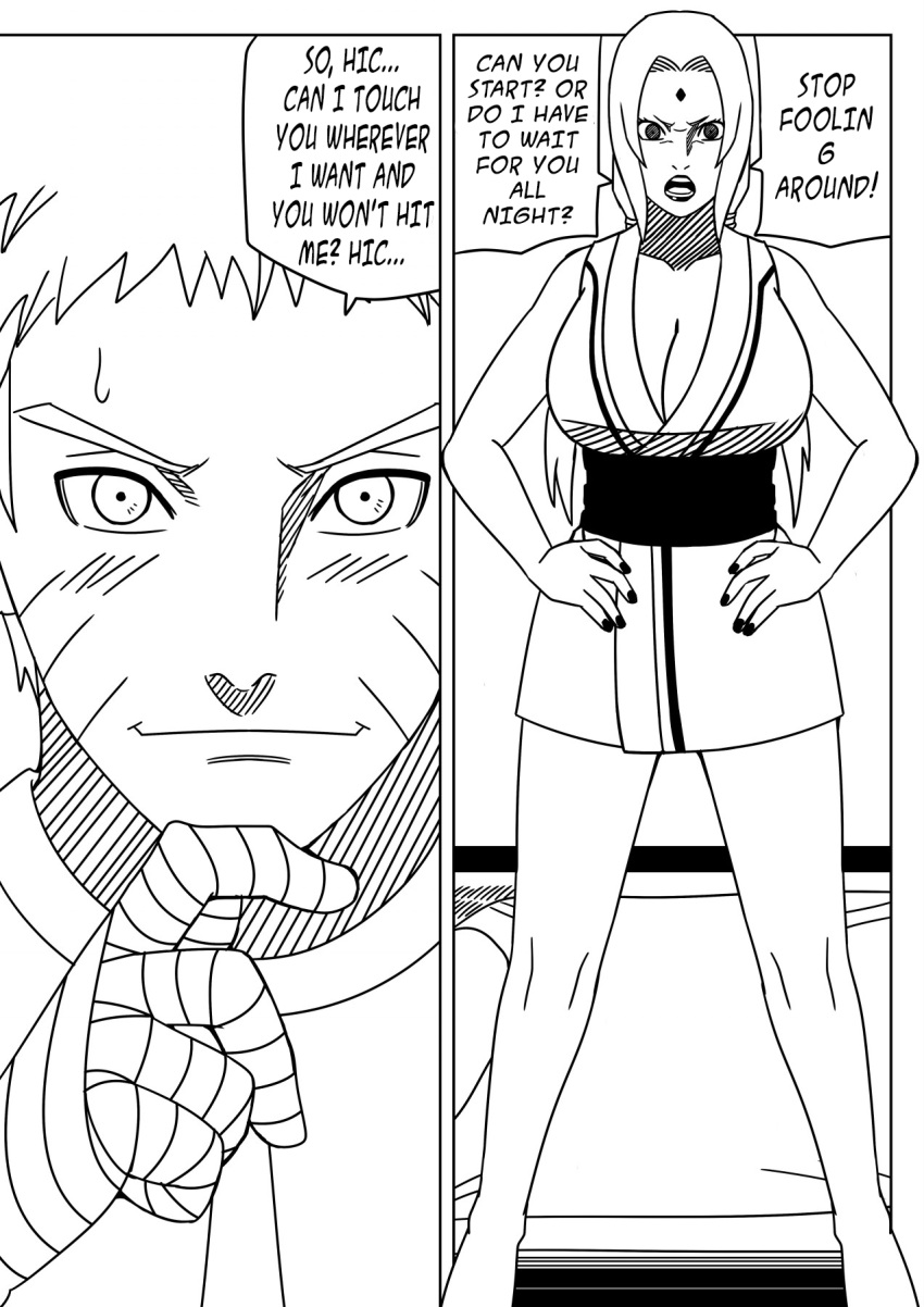 1boy 1girls bare_legs barefoot before_sex big_breasts black_and_white blush bottomless breasts busty comic drunk english_text female full_body half-dressed huge_breasts imminent_sex male mature mature_female milf monochrome naruto naruto:_the_last naruto_(series) naruto_shippuden naughty ninrubio offering offering_sex offering_to_viewer oppai partially_clothed smile speech_bubble story text translated tsunade uzumaki_naruto voluptuous voluptuous_female