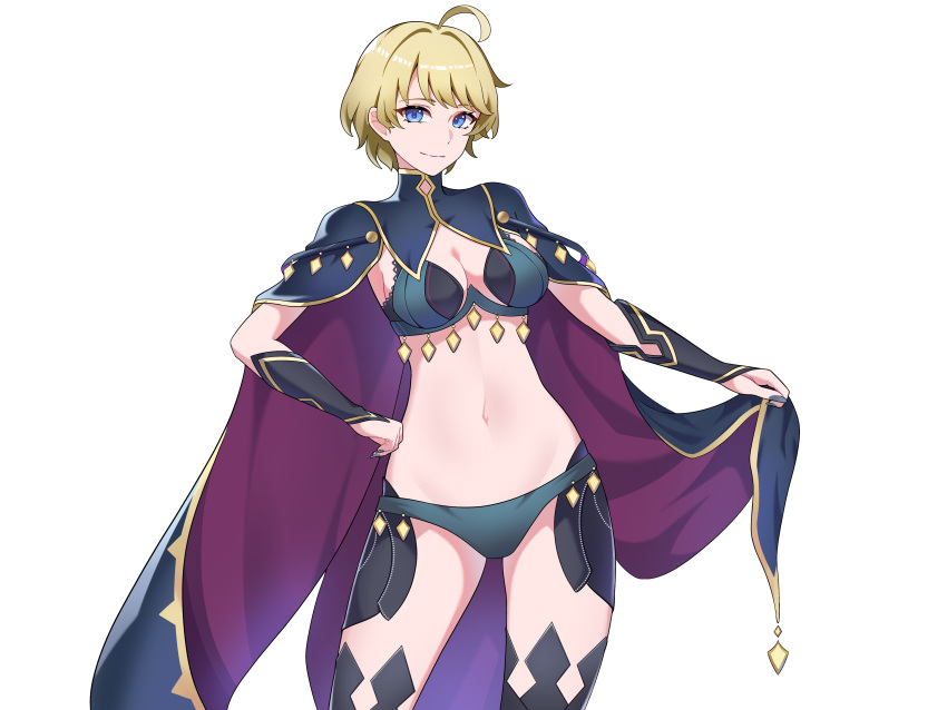 1girls absurdres ahoge bay_skecth black_bridal_gauntlets blonde_hair blue_cape blue_eyes blue_nails blue_panties breasts bridal_gauntlets cape commission cosplay dark_mage_(fire_emblem_fates) female female_only fire_emblem fire_emblem_engage fire_emblem_fates high-waist_sideboob highres looking_at_viewer medium_breasts merrin_(fire_emblem) messy_hair nail_polish nintendo non-web_source nyx_(fire_emblem) nyx_(fire_emblem)_(cosplay) panties revealing_clothes short_hair smile solo thighhighs transparent_background underwear