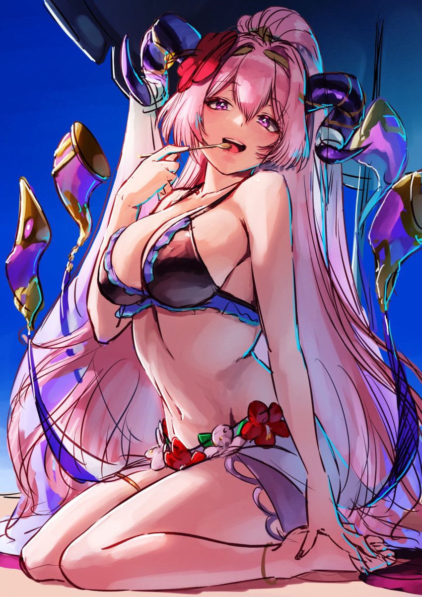 1girls aduti_momoyama bikini black_bikini black_swimsuit blue_background breasts cleavage collarbone curled_horns eating feet female female_only fire_emblem fire_emblem_heroes goat_horns hair_ornament highres holding holding_spoon horns large_breasts large_horns long_hair multicolored_hair navel nerthuz_(fire_emblem) nerthuz_(summer)_(fire_emblem) nintendo official_alternate_costume parasol pink_hair ponytail purple_eyes purple_horns sarong sideboob smile solo spoon swimsuit two-tone_hair umbrella very_long_hair white_sarong