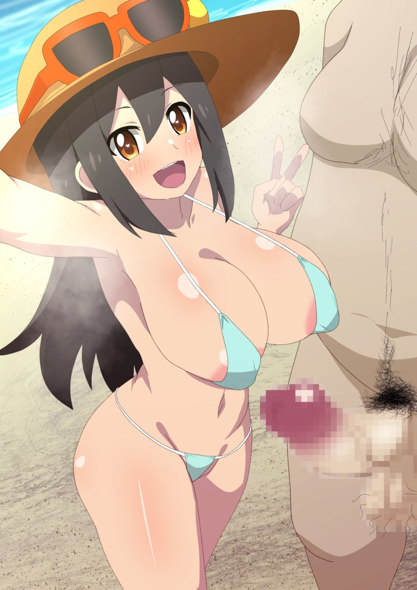 1boy 1girls :d areolae areolae_slip beach big_breasts big_penis bikini black_hair censored cleavage creatures_(company) erection fat_man game_freak hairy_male hat heart heart-shaped_pupils long_hair male_pubic_hair micro_bikini mosaic_censoring nintendo npc_trainer open_mouth outdoors penis pokemon pokemon_(game) pokemon_sm pubic_hair selfie sidelocks sightseer_(pokemon) smile standing sun_hat sunglasses swimsuit testicles v yugo-eti