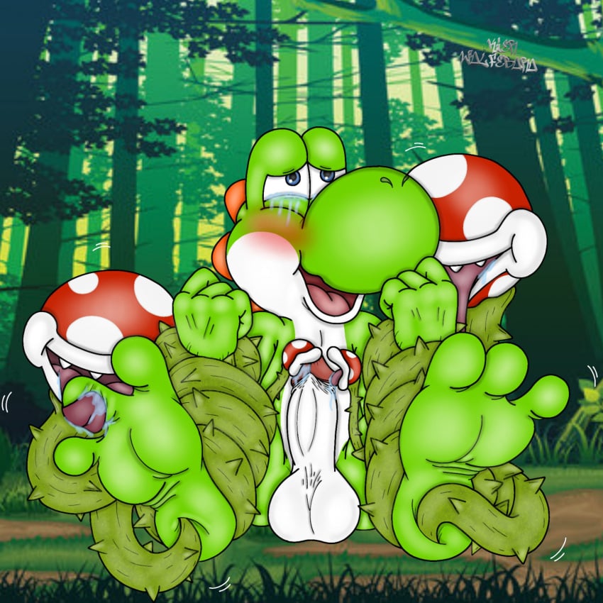 anthro balls blowjob blush bound cock dick erect feet feetpaws foot_fetish footpaws forest green_yoshi mario_(series) outnumbered paw paws pirahna_plant restrain restricted stuck tickle tickle_torture tickled tickling toe_licking vines vulnerable weak yoshi