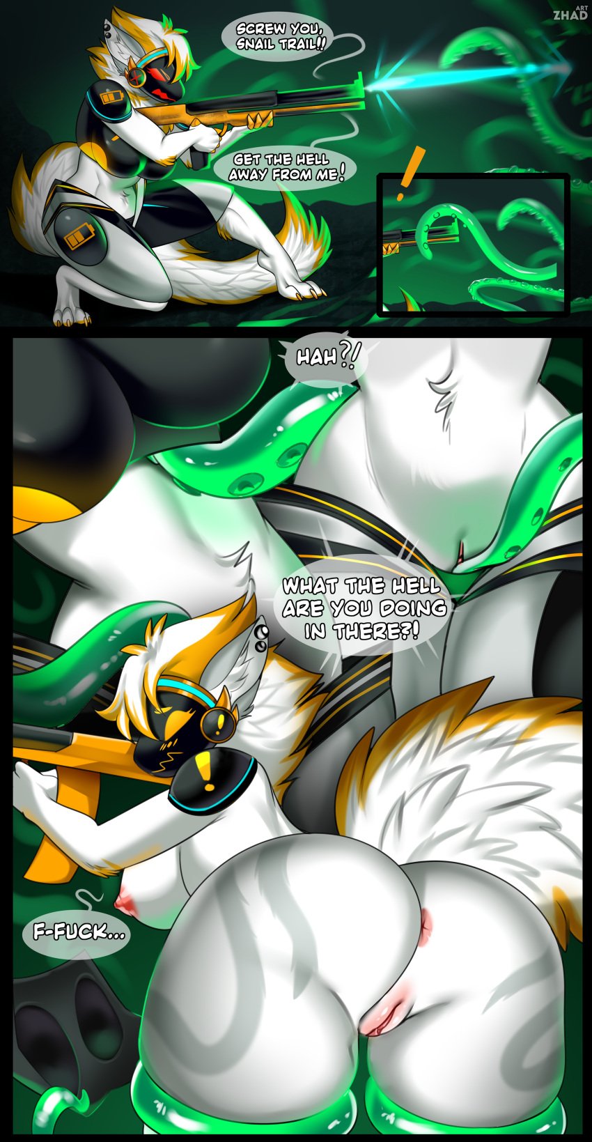 absurd_res anthro anus areola ass big_breasts breasts comic comic_panel female fluffy genitals hi_res huge_breasts juno_(my_furry_protogen) machine nipples nude protogen protogen_armor protogen_face protogen_visor pussy rear_view solo tentacle tentacles_penetrating_female zhadart