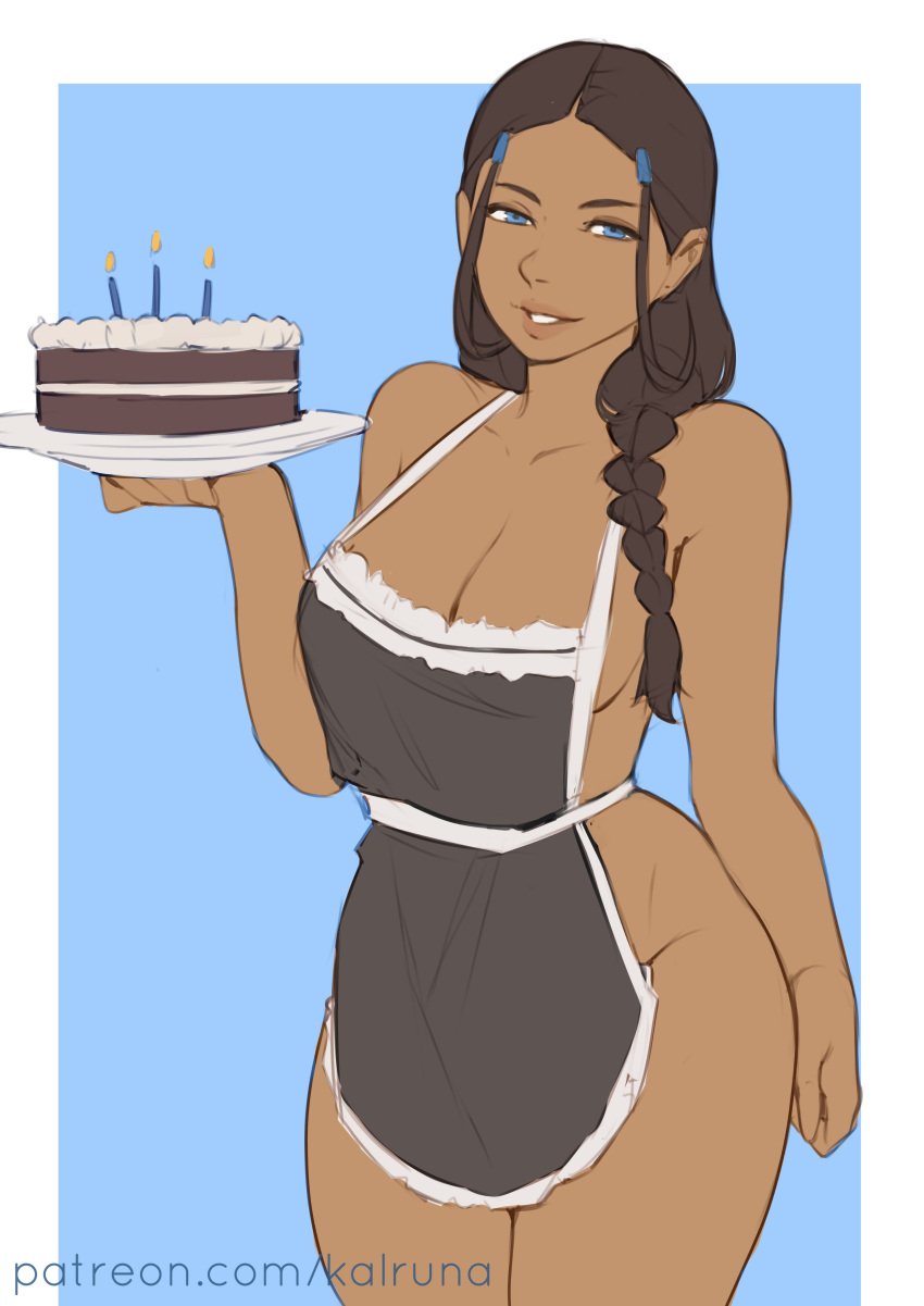 1girls aged_up apron apron_only avatar_legends avatar_the_last_airbender bedroom_eyes big_breasts birthday_cake blue_eyes braid brown_hair cake cleavage curvy dark-skinned_female female female_only happy_birthday holding_cake holding_object kalruna katara long_hair looking_at_viewer milf naked_apron seducing_viewer single_braid smile solo standing thick_thighs water_tribe