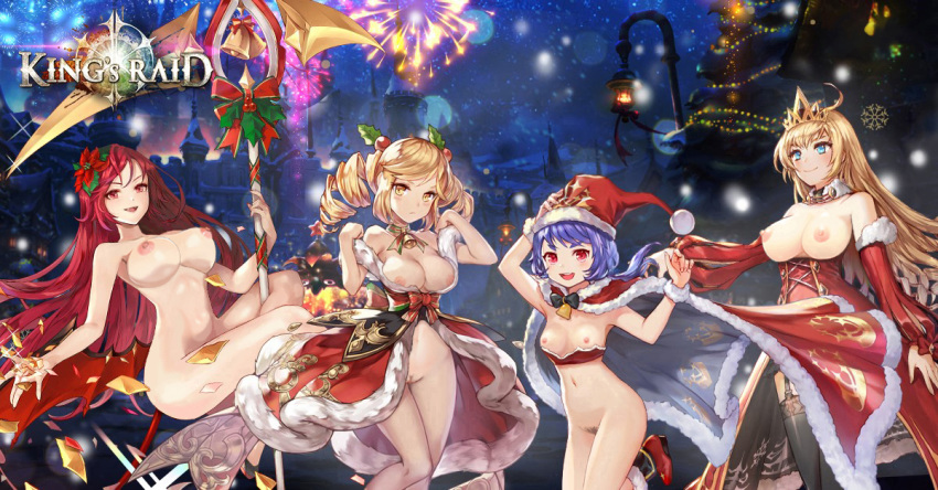 aisha_(king's_raid) artemia_(king's_raid) blue_hair bottomless breasts christmas dress epis_(king's_raid) king's_raid miruru_(king's_raid) naked nipples no_bra open_shirt pubic_hair pussy stockings thighhighs weapon