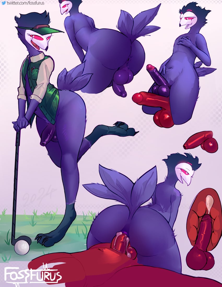 absurd_res anal anal_sex anthro ass balls big_balls big_butt big_penis bodily_fluids cum cum_inside digitigrade duo ejaculation feathers femboy flaccid foreskin fossfurus genital_fluids genitals glistening glistening_balls glistening_body glistening_genitalia glistening_penis golf golf_ball golf_club golf_course grass grinding grinding_on_penis helluva_boss hi_res imp male male/male penetration penis plant presenting presenting_hindquarters sex solo sport stolas_(helluva_boss) tail tail_feathers thick_thighs x_ray_view