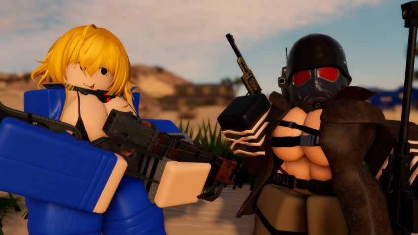 2girls 3d bloxmodeller boobs convenient_censoring fallout ncr_ranger_(fallout) roblox robloxian tagme unzipped_bodysuit unzipped_jacket vault_girl