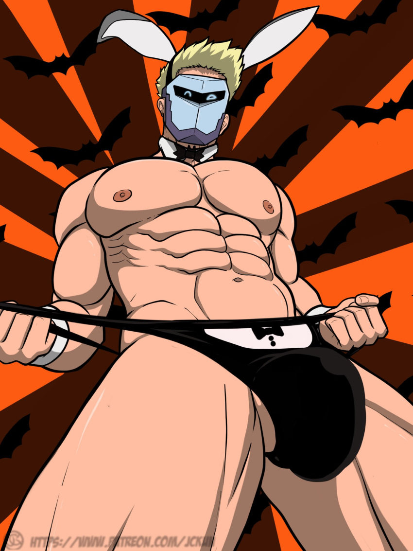 abs bara biceps big_bulge blonde_hair bulge bulge_through_clothing jckun92 male male_nipples male_only mask masked masked_male muscular_male nipples pecs penis_outline playboy_bunny silvyspark thong underwear