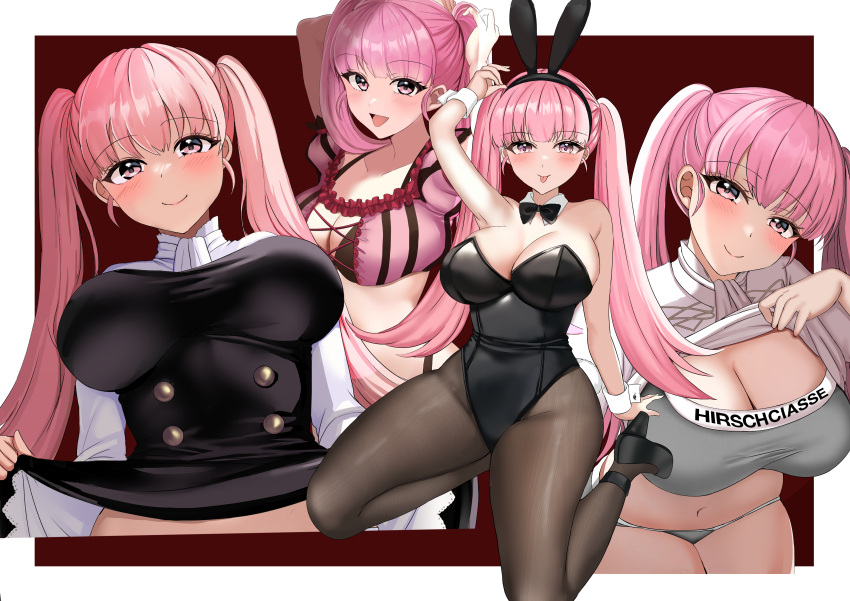 1girls :d alternate_costume arms_up bangs bare_thighs bikini blush bowtie bra breasts bunny_ears bunny_girl bunnysuit cleavage closed_mouth clothes_lift crop_top detached_collar fake_animal_ears female female_only fire_emblem fire_emblem:_three_houses fire_emblem_heroes frills garreg_mach_monastery_uniform grey_bra grey_panties hilda_valentine_goneril hilda_valentine_goneril_(summer) large_breasts leaning_forward leotard lifted_by_self lifting_own_clothes long_hair long_sleeves looking_at_viewer multiple_persona multiple_views navel nintendo official_alternate_costume panties pantyhose pink_bikini pink_eyes pink_hair pink_swimsuit presenting presenting_breasts puffy_short_sleeves puffy_sleeves shirt shirt_lift short_sleeves skirt_lift sky smile solo stomach swimsuit tara_(szzj7733) thick_thighs thighs turtleneck twintails underwear very_long_hair white_shirt wrist_cuffs