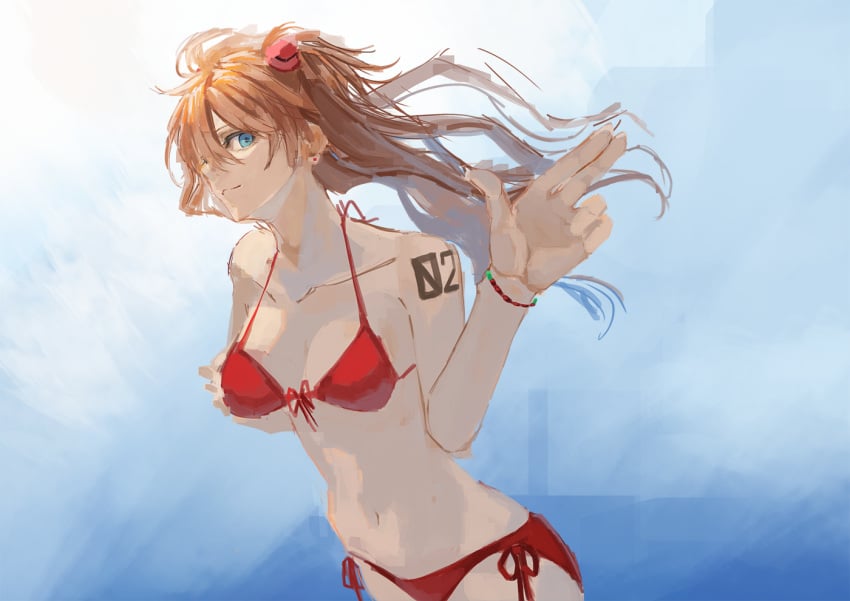 artist_request asuka_langley_sohryu bare_arms bare_legs bikini blue_eyes body_writing breasts brown_hair earrings female floating_hair hair_between_eyes highres jewelry long_hair neon_genesis_evangelion red_bikini salute shiny_skin side-tie_bikini_bottom simple_background smile solo souryuu_asuka_langley split_mouth swimsuit twintails wide_hips