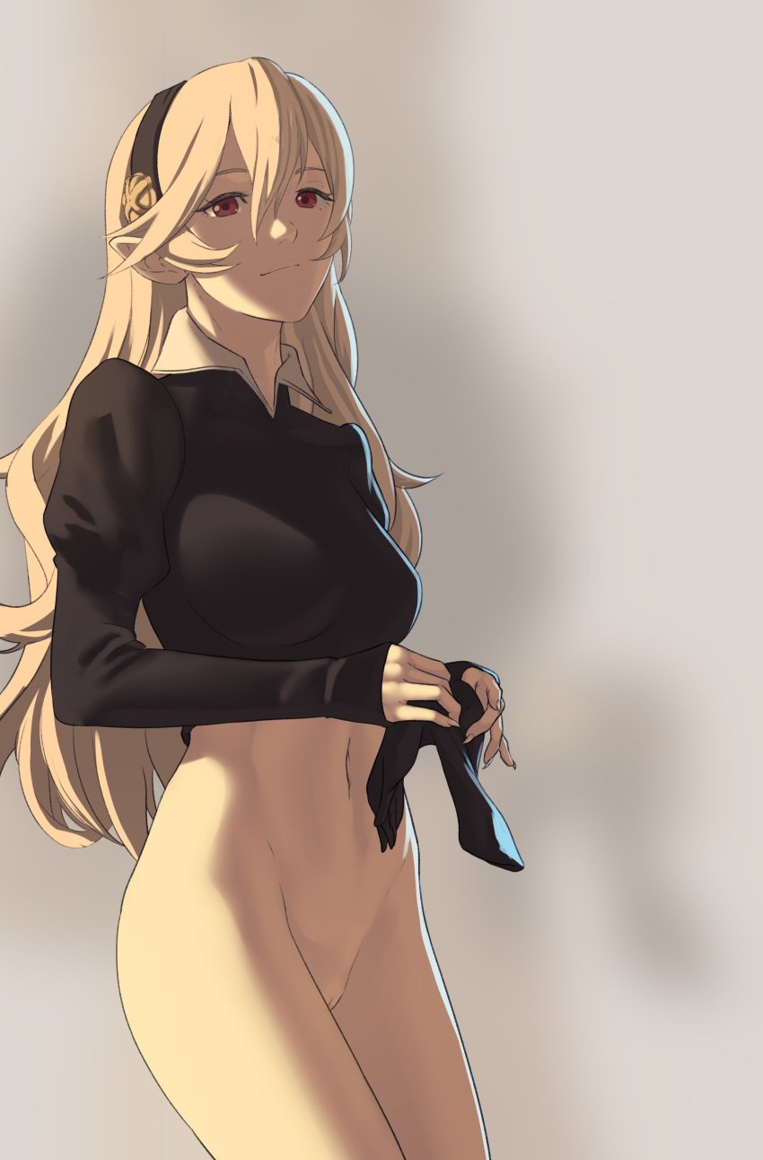 1girls absurdres bare_legs black_gloves black_shirt blonde_hair bottomless breasts corrin_(female)_(fire_emblem) corrin_(fire_emblem) corrin_(fire_emblem)_(female) female female_only fire_emblem fire_emblem_fates gloves grey_hair hairband highres holding holding_clothes holding_gloves long_hair looking_at_viewer medium_breasts navel nintendo pointy_ears pomelomelon pussy red_eyes shirt smile solo stomach unworn_gloves very_long_hair