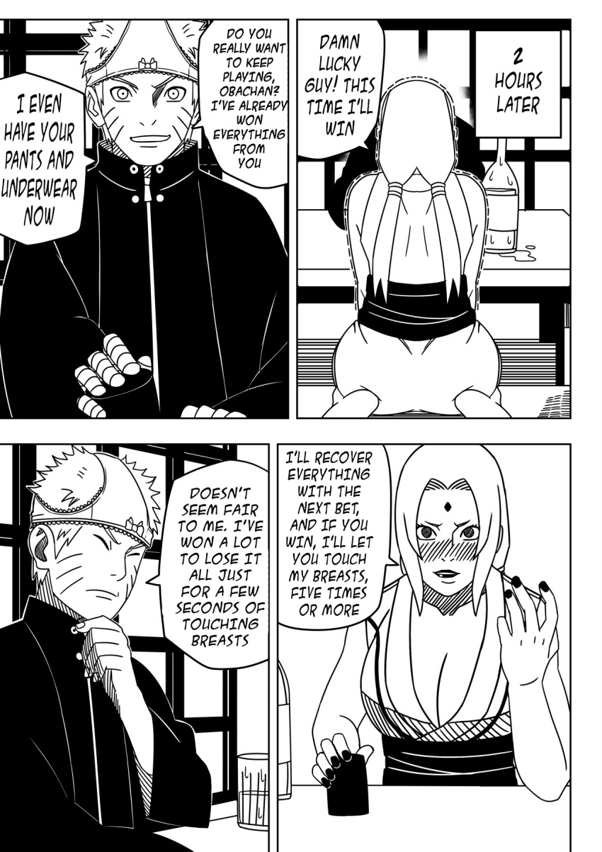 1boy 1girls ass ass_focus bad_luck barefoot big_breasts black_and_white breasts busty cleavage comic cup drink drunk embarrassed english_text female huge_breasts jacket kimono losing losing_bet male mature mature_female milf monochrome mug naruto naruto:_the_last naruto_(series) naruto_shippuden ninrubio oppai panties panties_on_head panties_removed sake sake_bottle speech_bubble story strip_game text translated trembling tsunade uzumaki_naruto voluptuous voluptuous_female