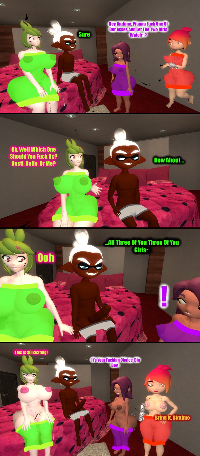 3d 3d_(artwork) belle_fontiere big bigtime99 breasts comic desti_(smg4) dialogue garry's_mod gmod kaibernation melony_(smg4) nipples pussy see-through_clothing smg4 text thick_thighs underwear underwear_down