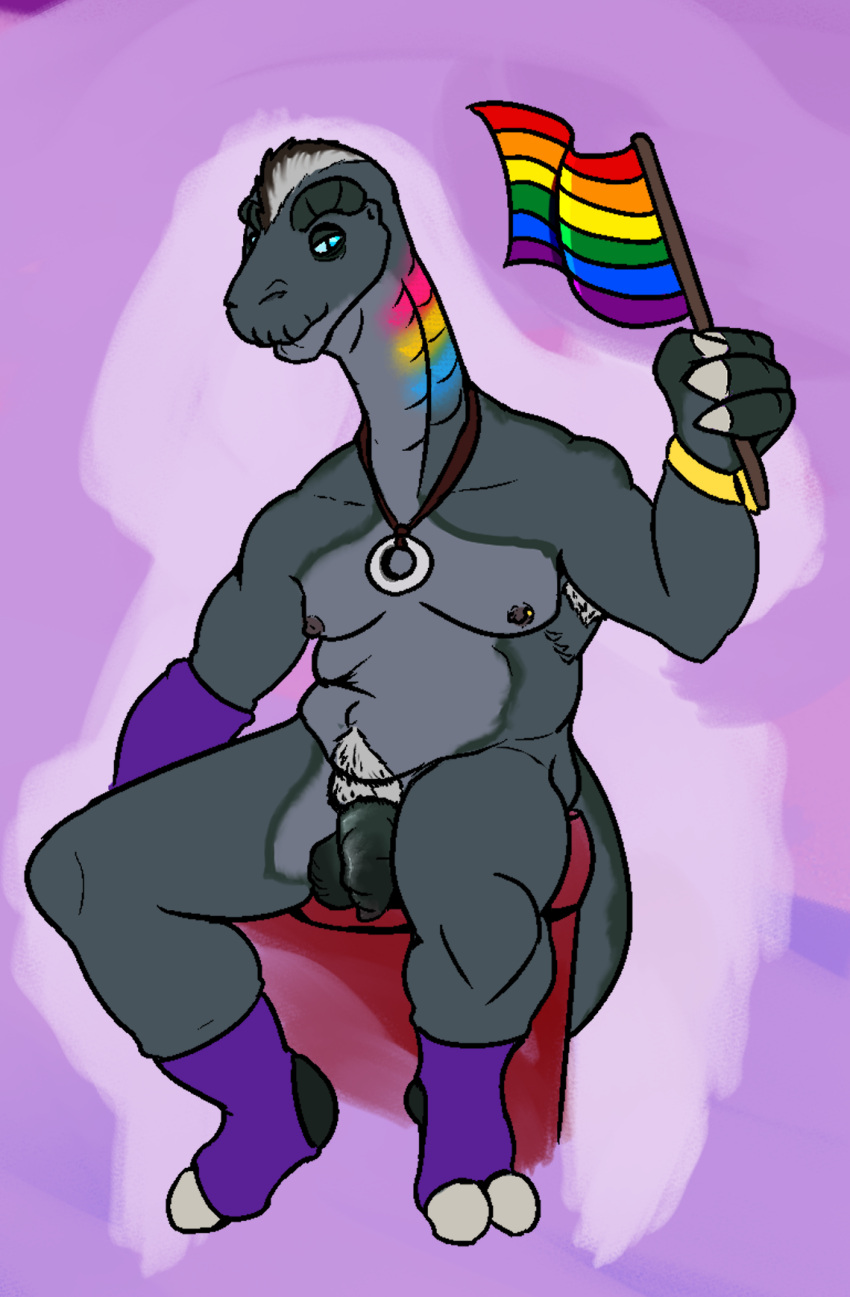 1boy anthro areola arkanum_zilong armpit_hair balls biped body_hair bodypaint brontosaurus clothing dinosaur diplodocid extinct flaccid flag flag_(object) footwear foreskin genitals greying_hair hi_res humanoid_genitalia humanoid_penis lgbt_pride male male_anthro male_only mature_male nipple_piercing nipples old old_man pansexual_pride_colors penis piercing prehistoric_species pride pride_color_flag pride_colors pubes reptile sauropod sauropodomorph scalie six-stripe_rainbow_pride_colors socks solo stirrup_socks unretracted_foreskin