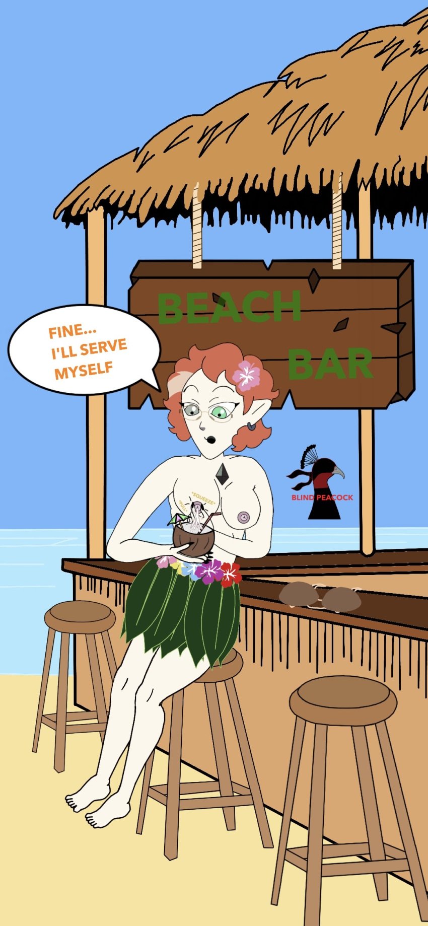 amulet beach beach_bar blind_peacock_draws blind_peacock_draws_(artist) breast_grab breast_hold breast_milk_drinking breast_milk_in_a_cup breast_milk_request breast_milk_squirt breast_milk_squirting breast_milking breast_squeeze breast_squish breasts breasts_out clothed clothed_female clothing coconut coconut_bra coconut_drink different_eye_color earring earrings glasses grabbing_own_breast gray_eyes gray_stripe green_eyes grey_eyes grey_streaks grey_stripes hula hula_skirt lactation lilith_clawthorne milk milk_squirt milking milking_breasts ocean orange_hair red_hair sand squirting_milk text text_box text_bubble the_owl_house the_owl_house_(finale) white_skin witch witch_(the_owl_house)