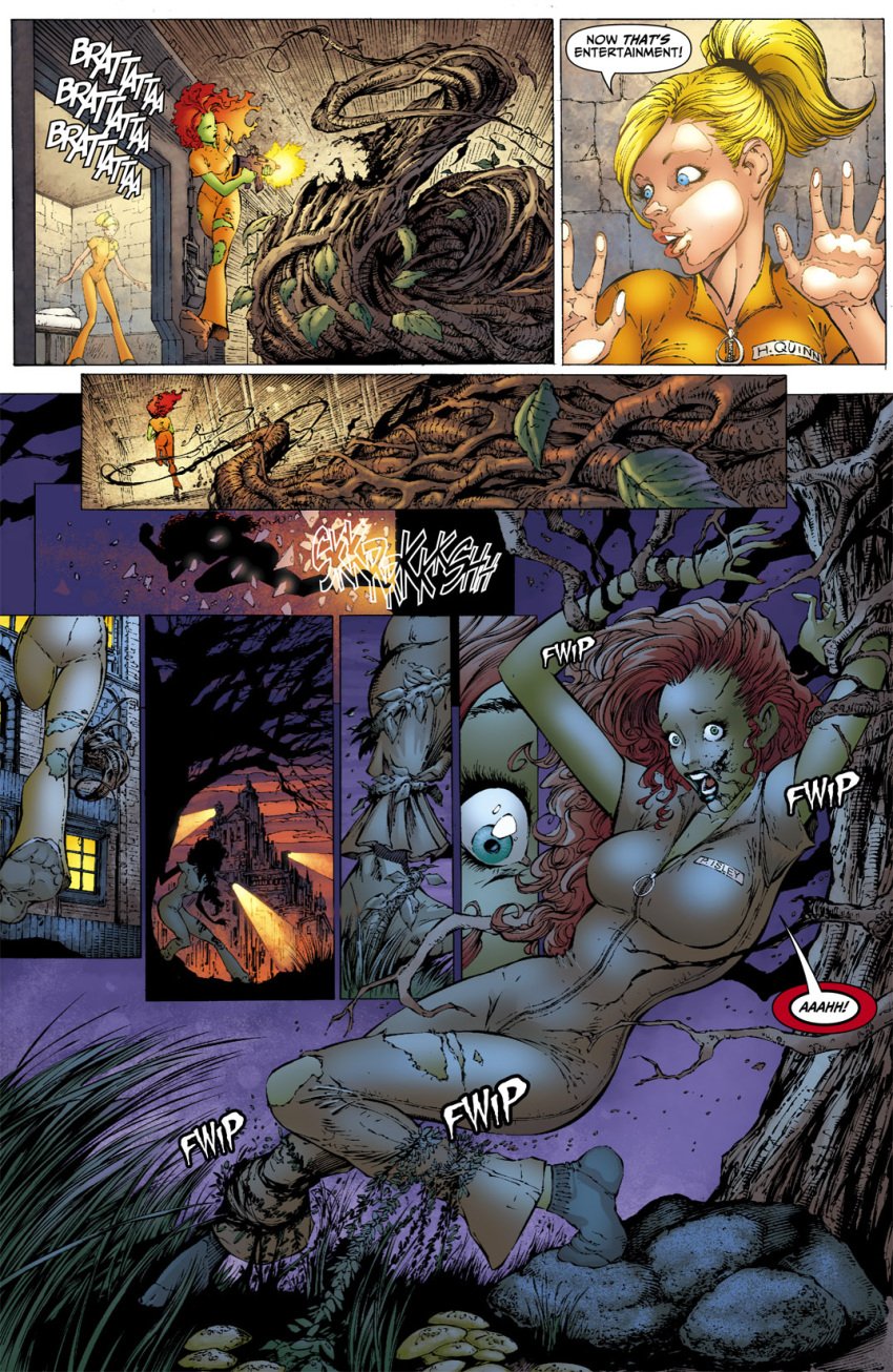 00s 2000s 2006 2girls batman_(series) big_zipper blonde_hair blue_eyes broken_glass canonical_scene captured comic dc dc_comics dialogue english english_dialogue english_text female female_only guns harleen_quinzel harley_quinn jumpsuit official_art pamela_isley poison_ivy prison_jumpsuit prison_uniform shooting speech_bubble tied_up tree vines zipper