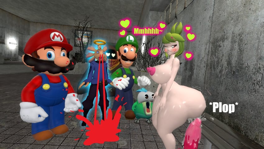 3d 3d_(artwork) anus_juice axol_(smg4) big_ass big_breasts blush bob_(smg4) dialogue dildo fishy_boopkins_(smg4) garry's_mod ghost gmod halo heart hearts_around_head huge_dildo kaibernation leaking_anus luigi mario mario_(series) melony_(smg4) nosebleed onomatopoeia pink_nipples shiny_ass shiny_breasts side_ass smg4 text