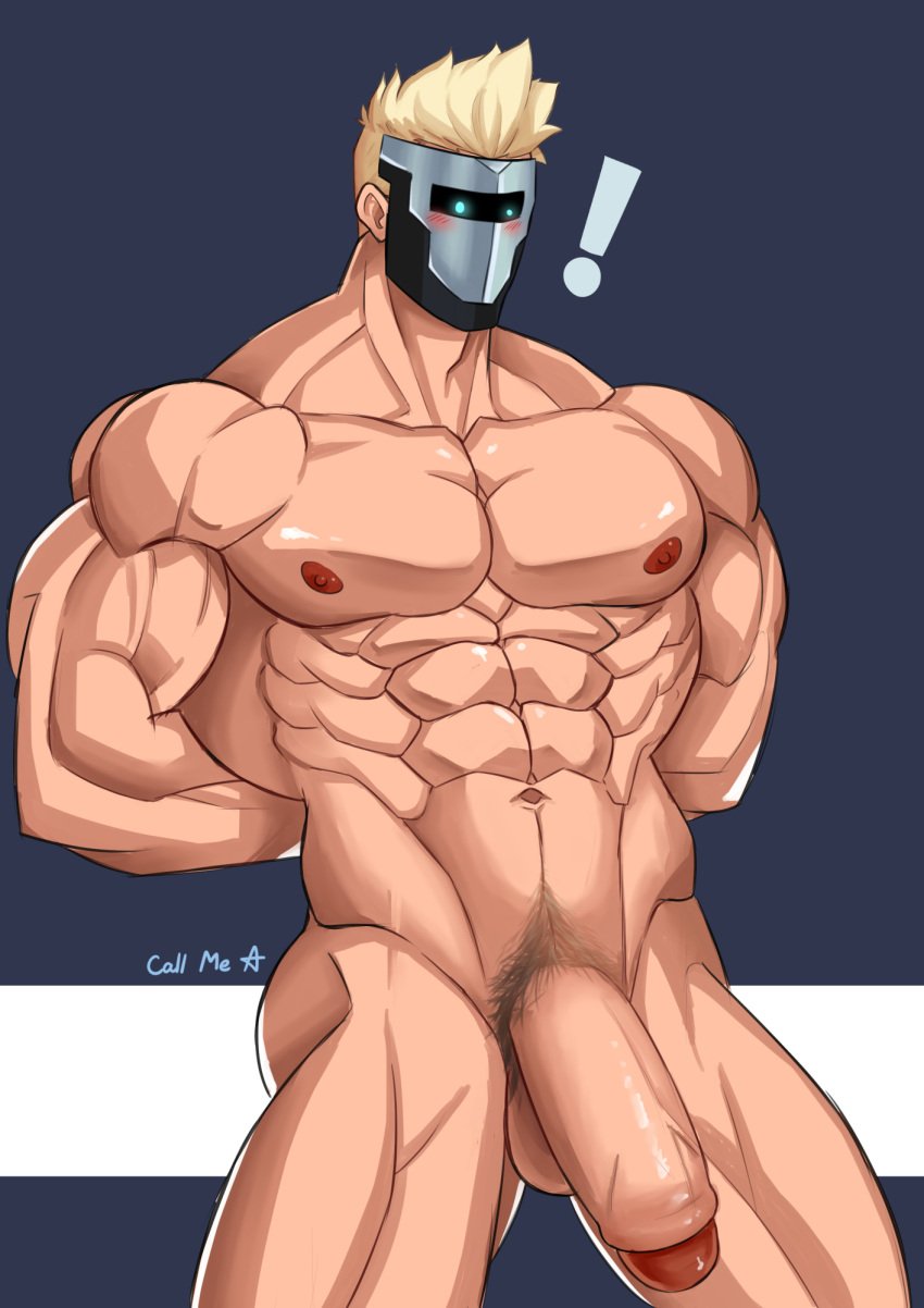 abs balls bara biceps big_balls big_penis blonde_hair callmea_(artist) male male_nipples male_only mask masked masked_male muscular_male nipples nude pecs penis silvyspark