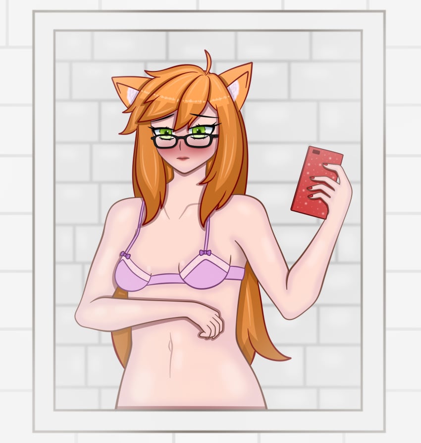 1girls cat_ears catgirl embarrassed embarrassed_female euf female female_only glasses green_eyes long_hair mirror mirror_selfie mobile_phone nekoruna orange_hair selfie solo_female topwear_only underwear