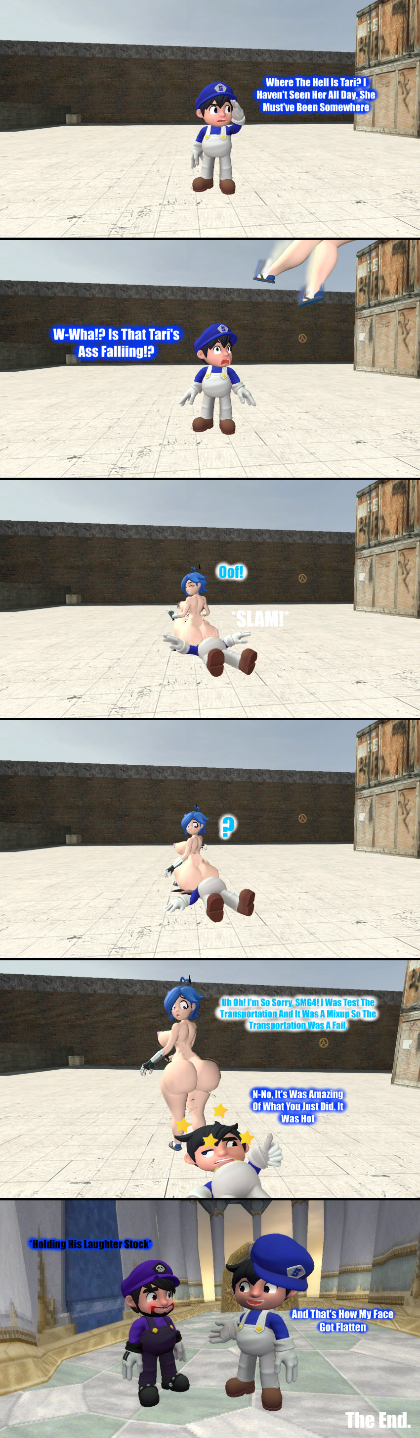 3d 3d_(artwork) ass_on_face big_ass big_butt breasts butt_slam comic dialogue dizzy fail falling flattened garry's_mod gmod kaibernation laugh nipples smg4 text transportation