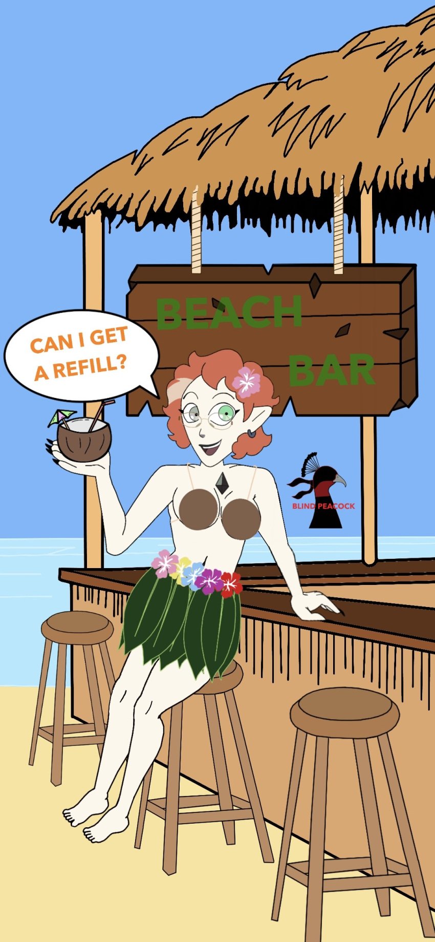 amulet beach beach_bar blind_peacock_draws blind_peacock_draws_(artist) breast_grab breast_hold breast_milk_drinking breast_milk_in_a_cup breast_milk_request breast_milk_squirt breast_milk_squirting breast_milking breast_squeeze breast_squish breasts breasts_out clothed clothed_female clothing coconut coconut_bra coconut_drink different_eye_color earring earrings glasses grabbing_own_breast gray_eyes gray_stripe green_eyes grey_eyes grey_streaks grey_stripes hula hula_skirt lactation lilith_clawthorne milk milk_squirt milking milking_breasts ocean orange_hair red_hair sand squirting_milk text text_box text_bubble the_owl_house the_owl_house_(finale) white_skin witch witch_(the_owl_house)