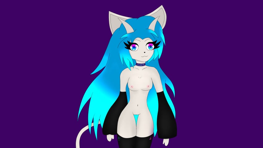 2017 absurd_res anthro big_breasts blue_hair breasts clothing collar digital_media_(artwork) dragon female female_dragon fur grey_fur hair hi_res horn invalid_tag izzy legwear luxrayss nipples nude nyra_ivys pussy simple_background smile socks solo stockings thick_thighs