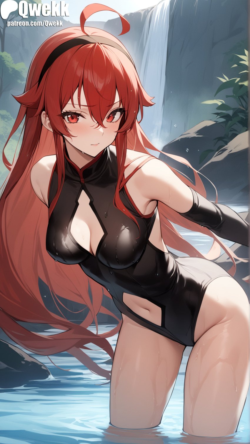 1girls ai_generated bangs blush breasts closed_mouth crossed_bangs eris_greyrat female female_focus female_only hair_between_eyes highres long_hair looking_at_viewer medium_breasts mushoku_tensei posing qwekk red_eyes red_hair solo standing swimsuit upper_body wet