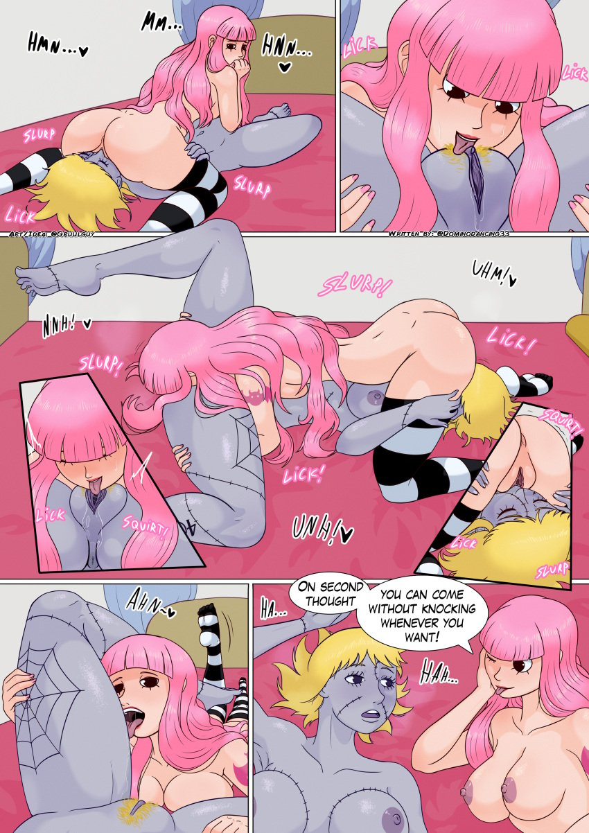 2girls 69 69_position ahe_gao blonde_hair comic comic_page cunnilingus dominodancing33 feet female female_only goth goth_girl gruulguy kissing lifting_skirt lipstick long_hair multiple_girls naked naked_female on_bed one_piece orgasm painted_nails part_5 perona pink_hair pubic_hair pussy pussy_juice spread_legs spreading_pussy stockings text twintails very_high_resolution victoria_cindry wet wet_pussy yuri zombie zombie_girl