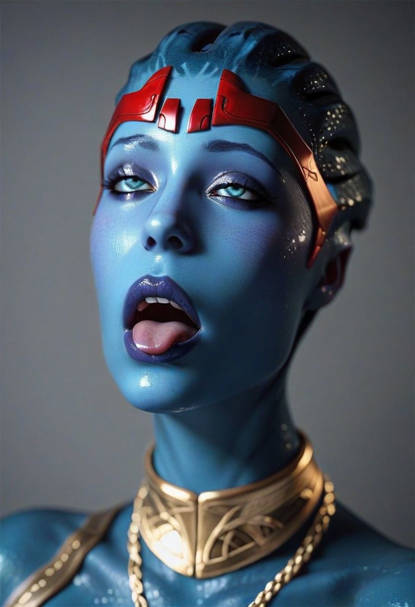 1girls ai_generated alien alien_girl asari blue_body blue_eyes blue_skin collar female female_only gold_jewelry jewelry mass_effect mass_effect_2 mugshot necklace open_mouth populateai purple_lipstick samara solo tagme