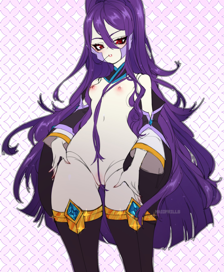 :o artist_name bangs between_labia blazblue blazblue:_chronophantasma breasts cowboy_shot detached_sleeves female hades_izanami hair_between_eyes hair_censor highres innie_pussy long_hair looking_at_viewer maidfrills messy_hair mikado_(blazblue) navel nipples parted_lips ponytail purple_hair red_eyes small_breasts solo standing stomach thighhighs very_long_hair