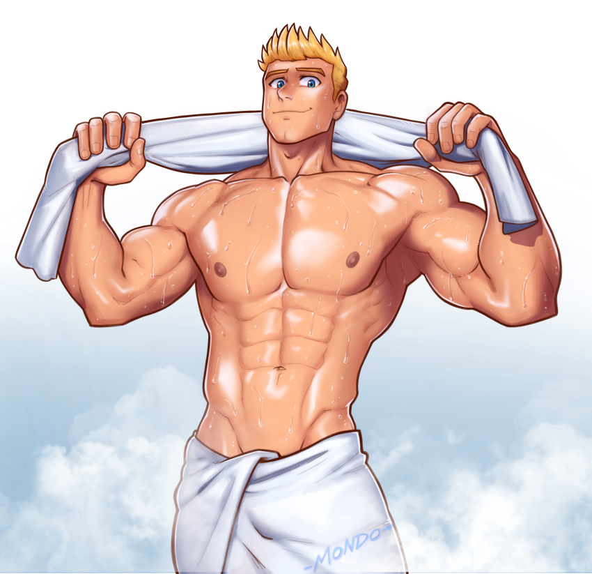 abs bara biceps blonde_hair blue_eyes himbo looking_at_viewer male male_nipples male_only mondoart muscular_male nipples pecs silvyspark wet