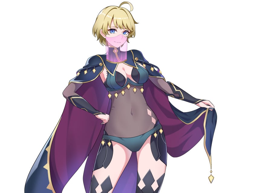 1girls absurdres ahoge alternate_costume bay_skecth black_bridal_gauntlets blonde_hair blue_cape blue_eyes blue_nails blue_panties bodystocking breasts bridal_gauntlets cape commission cosplay dark_mage_(fire_emblem_fates) female female_only fire_emblem fire_emblem_engage fire_emblem_fates high-waist_sideboob highres looking_at_viewer medium_breasts merrin_(fire_emblem) messy_hair mouth_veil nail_polish nintendo non-web_source nyx_(fire_emblem) nyx_(fire_emblem)_(cosplay) panties revealing_clothes see-through short_hair smile solo thighhighs transparent_background underwear veil