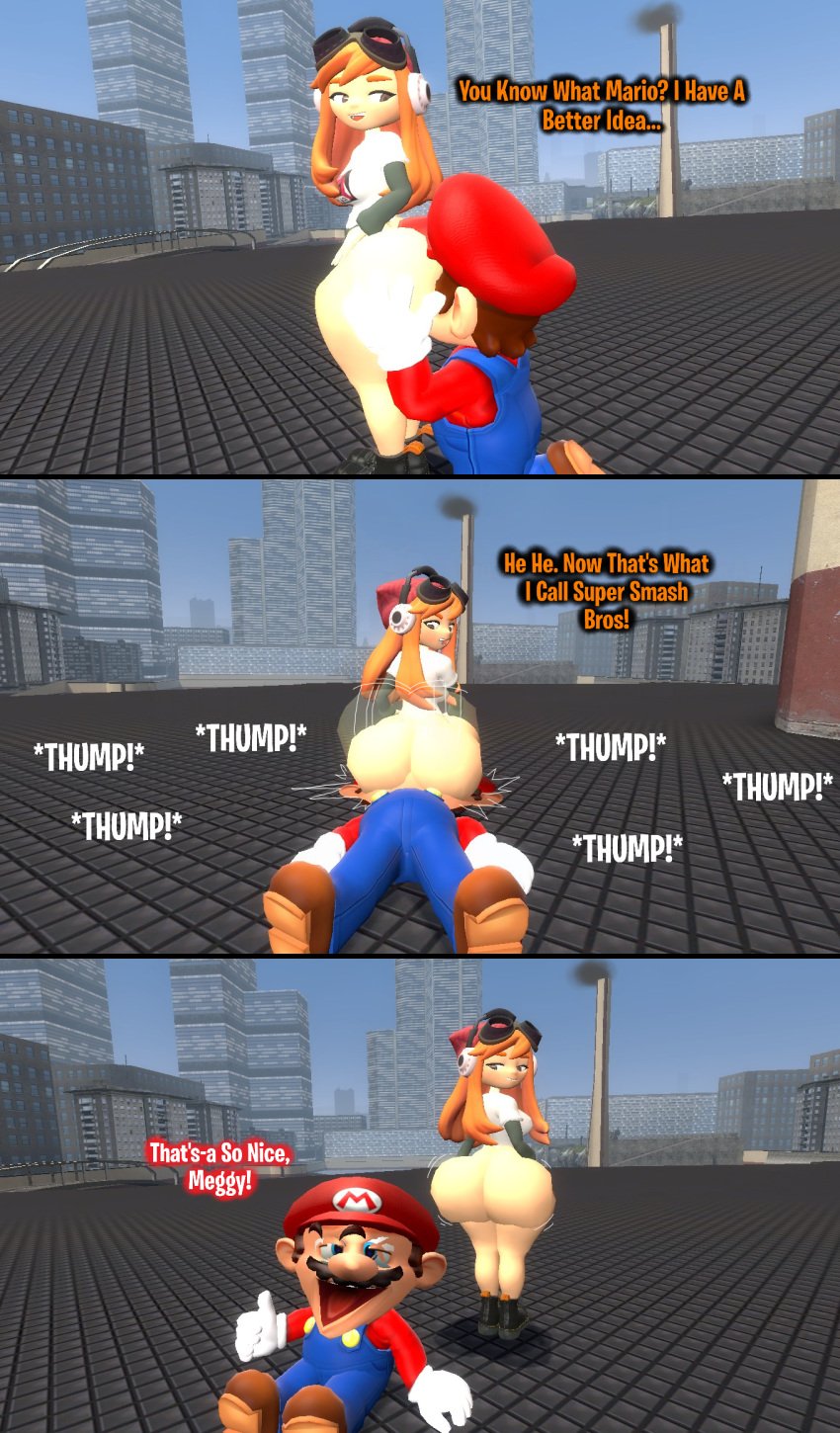 3d 3d_(artwork) big_ass big_butt_(female) bottomless_female butt_slam comic dialogue face_on_butt flattened human_meggy idea kaibernation looking_at_partner mario mario_(series) meggy_spletzer onomatopoeia smg4 text